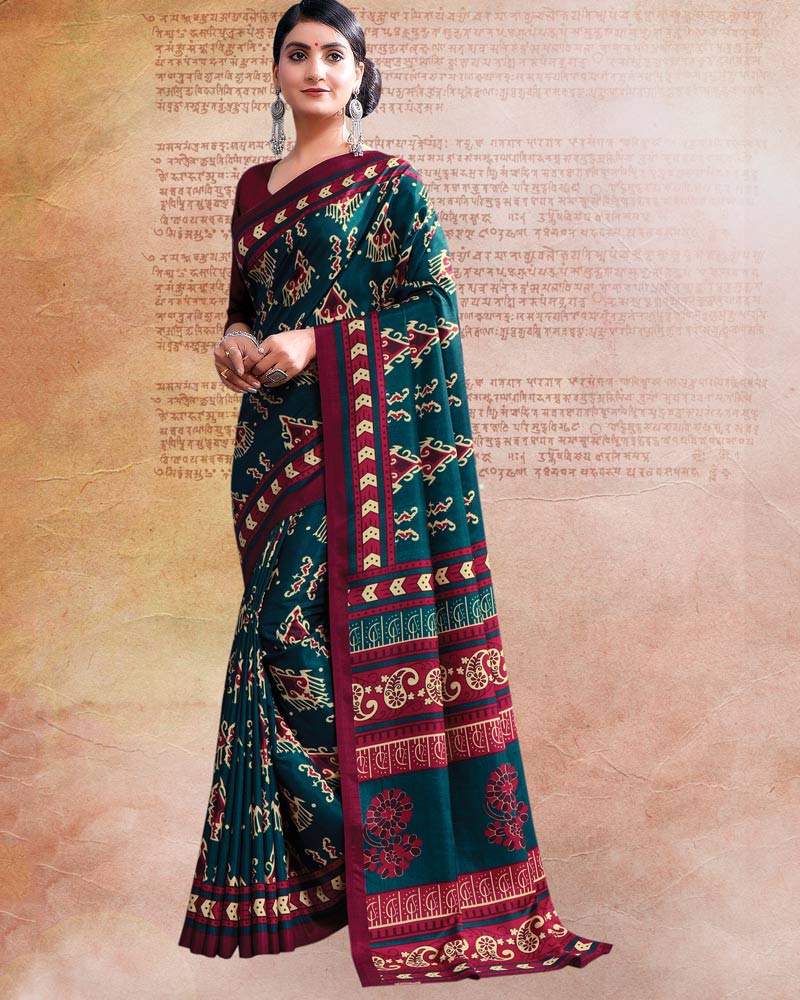 Dark Teal Blue Printed Poly Cotton Saree