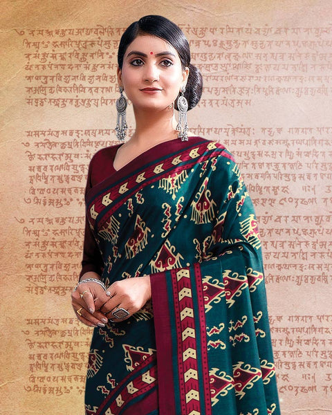 Dark Teal Blue Printed Poly Cotton Saree