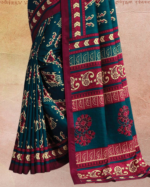 Dark Teal Blue Printed Poly Cotton Saree