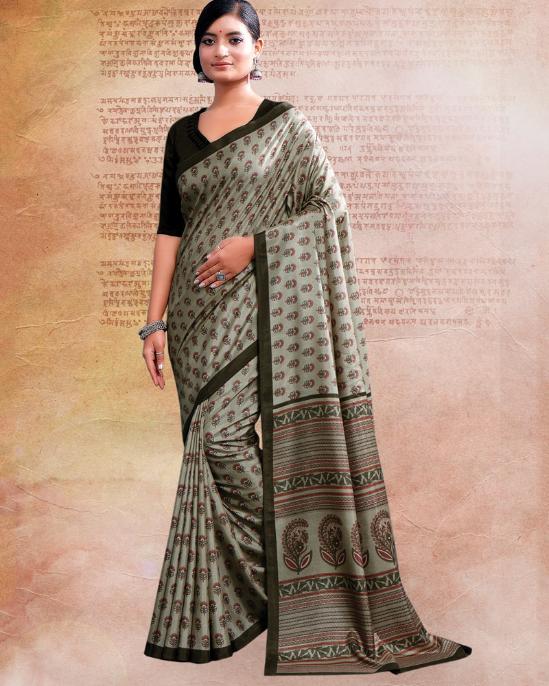 Sand Grey Printed Poly Cotton Saree