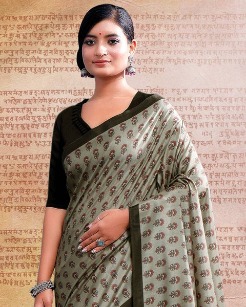 Sand Grey Printed Poly Cotton Saree