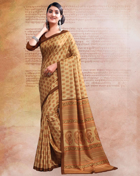 Sand Beige Printed Poly Cotton Saree