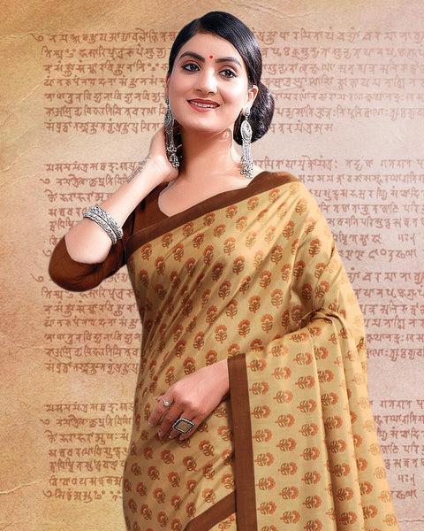 Sand Beige Printed Poly Cotton Saree