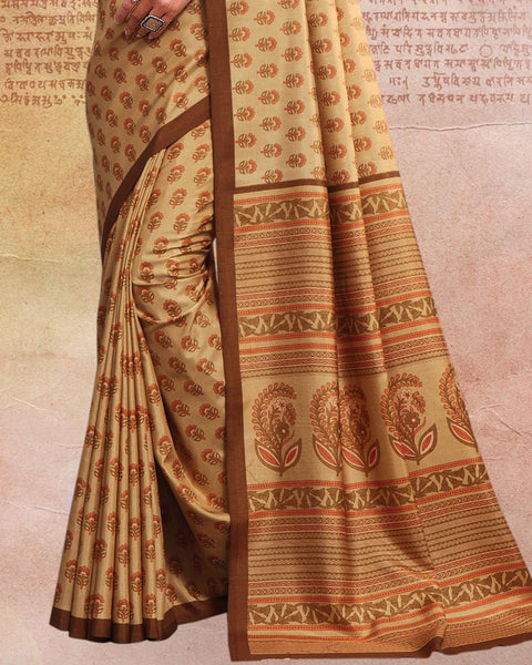 Sand Beige Printed Poly Cotton Saree