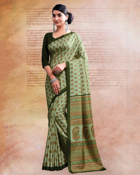 Pale Olive Printed Poly Cotton Saree