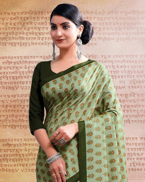 Pale Olive Printed Poly Cotton Saree