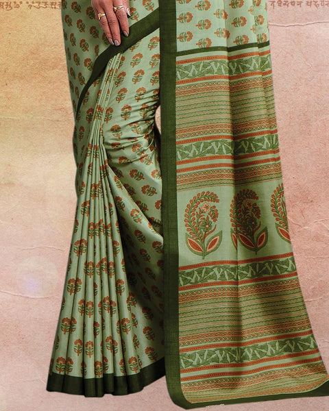 Pale Olive Printed Poly Cotton Saree