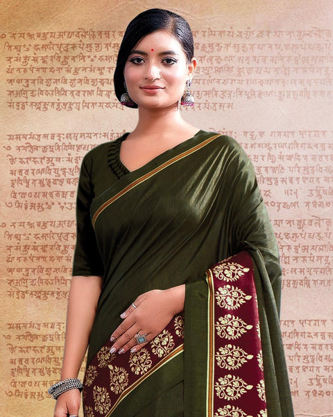 Thatch Green Printed Poly Cotton Saree