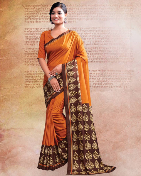 Orange Printed Poly Cotton Saree
