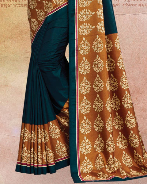 Deep Teal Blue Printed Poly Cotton Saree