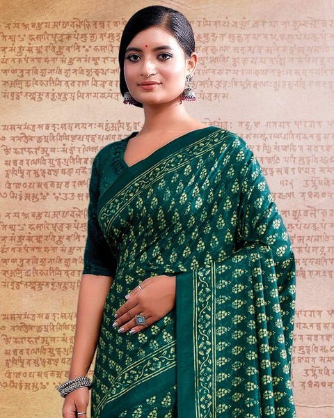 Deep Sea Green Printed Poly Cotton Saree