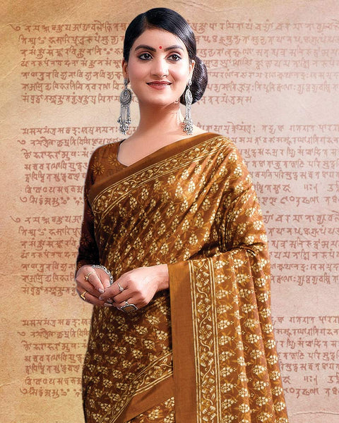 Brownish Orange Printed Poly Cotton Saree