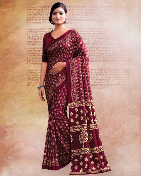 Mulberry Pink Printed Poly Cotton Saree