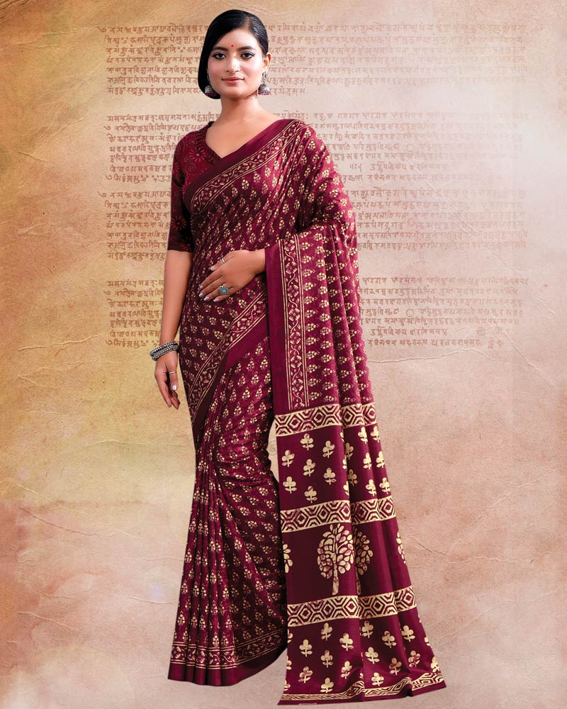 Mulberry Pink Printed Poly Cotton Saree