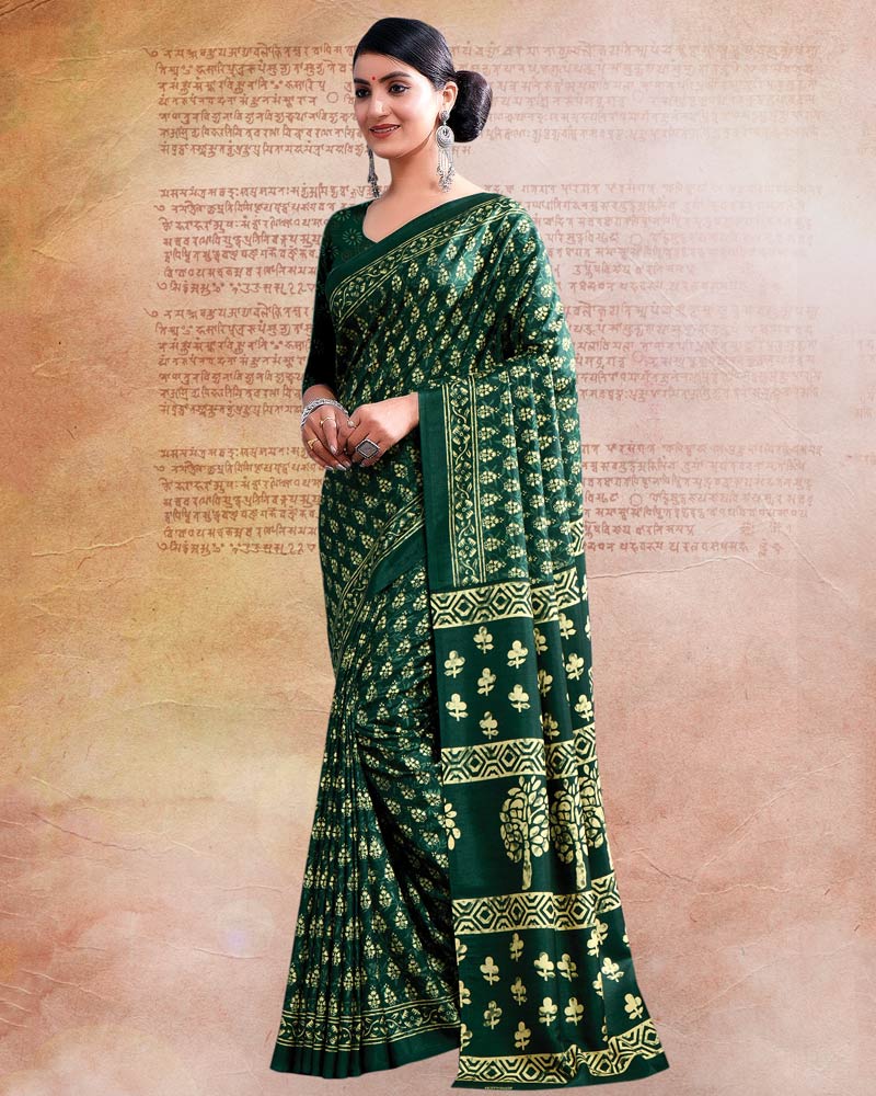 Firefly Green Printed Poly Cotton Saree