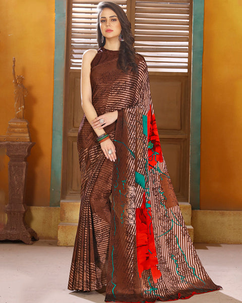 Coffee Brown Digital Print Premium Crepe Saree