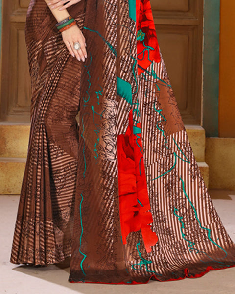 Coffee Brown Digital Print Premium Crepe Saree