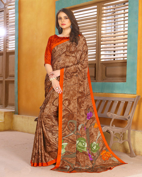 Pale Brown And Bright Orange Digital Print Premium Crepe Saree