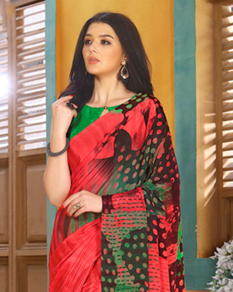 Pastel Red And Forest Green Digital Print Premium Crepe Saree