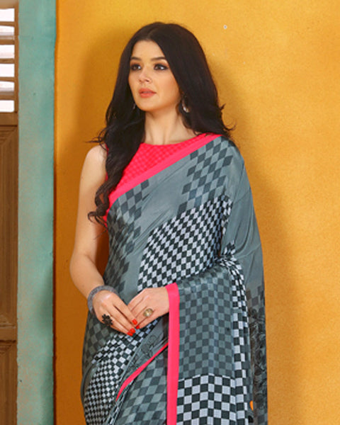 Oslo Grey And Rose Pink Digital Print Premium Crepe Saree