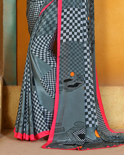 Oslo Grey And Rose Pink Digital Print Premium Crepe Saree