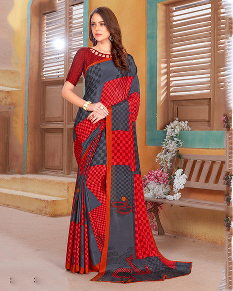 Dark Grey And Maroon Digital Print Premium Crepe Saree