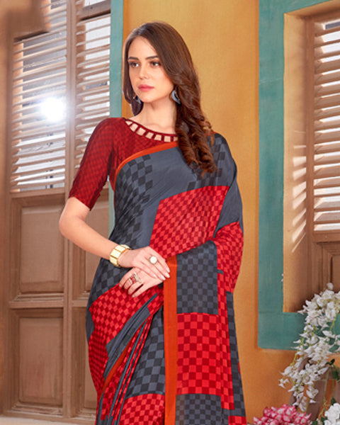 Dark Grey And Maroon Digital Print Premium Crepe Saree