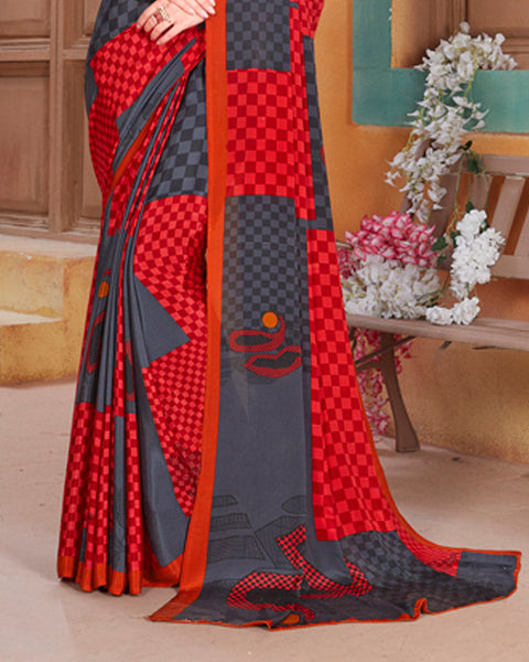 Dark Grey And Maroon Digital Print Premium Crepe Saree