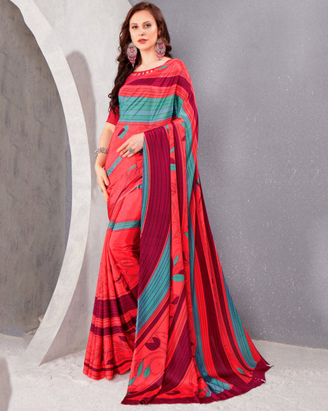 Radical Red And Light Sea Green Digital Print Premium Crepe Saree