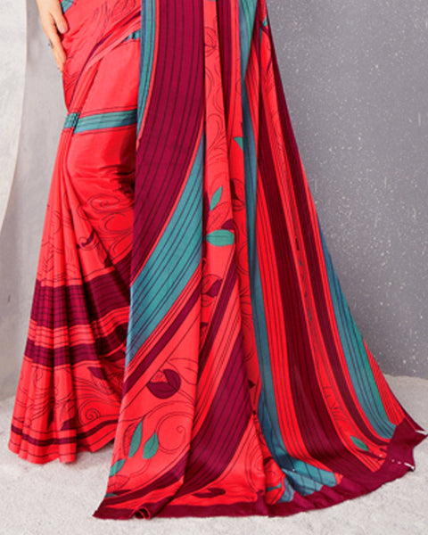 Radical Red And Light Sea Green Digital Print Premium Crepe Saree