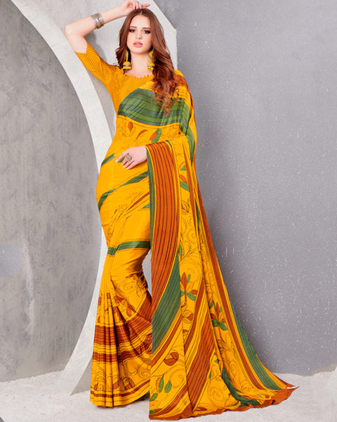 Bright Yellow And Khaki Green Digital Print Premium Crepe Saree