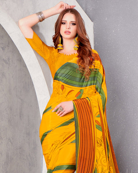 Bright Yellow And Khaki Green Digital Print Premium Crepe Saree