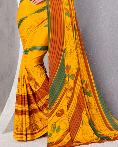 Bright Yellow And Khaki Green Digital Print Premium Crepe Saree