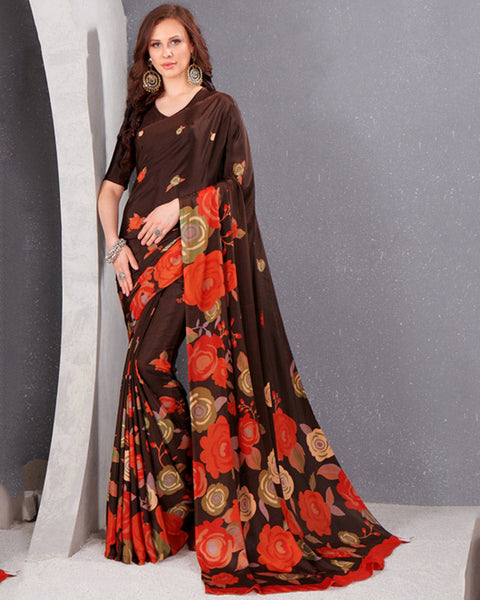 Coffee Brown And Flame Orange Digital Print Premium Crepe Saree