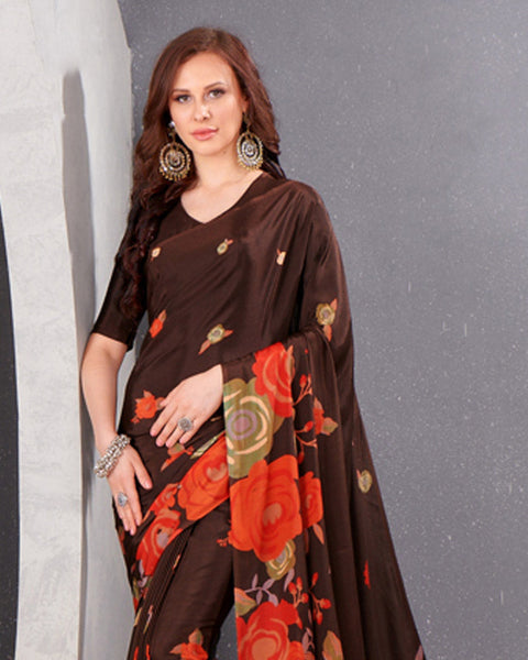 Coffee Brown And Flame Orange Digital Print Premium Crepe Saree