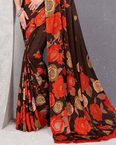 Coffee Brown And Flame Orange Digital Print Premium Crepe Saree