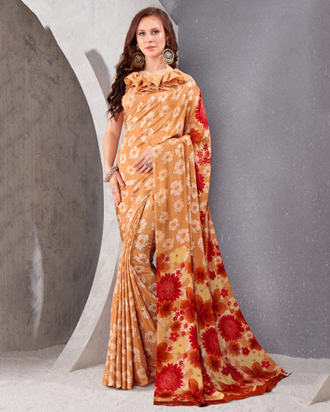 Persian Orange And Milano Red Digital Print Premium Crepe Saree