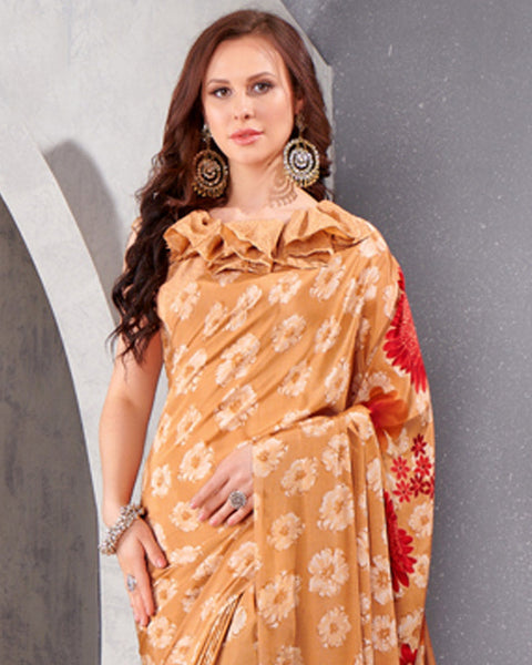 Persian Orange And Milano Red Digital Print Premium Crepe Saree