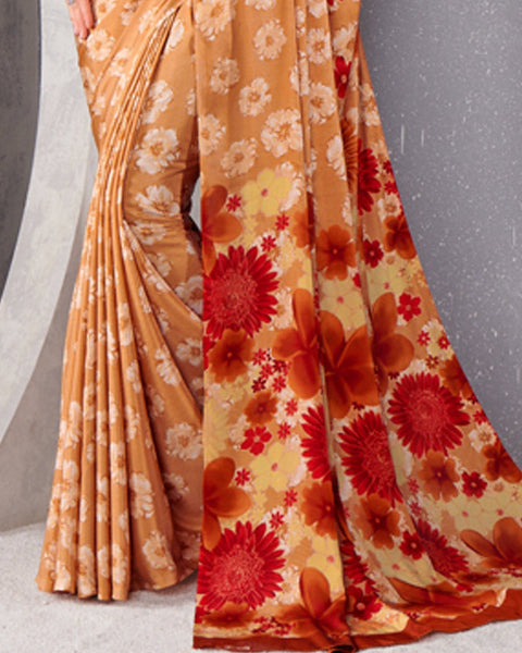 Persian Orange And Milano Red Digital Print Premium Crepe Saree
