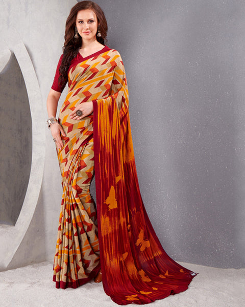 Spanish Cream And Shiraz Red Digital Print Premium Crepe Saree