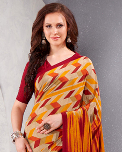 Spanish Cream And Shiraz Red Digital Print Premium Crepe Saree