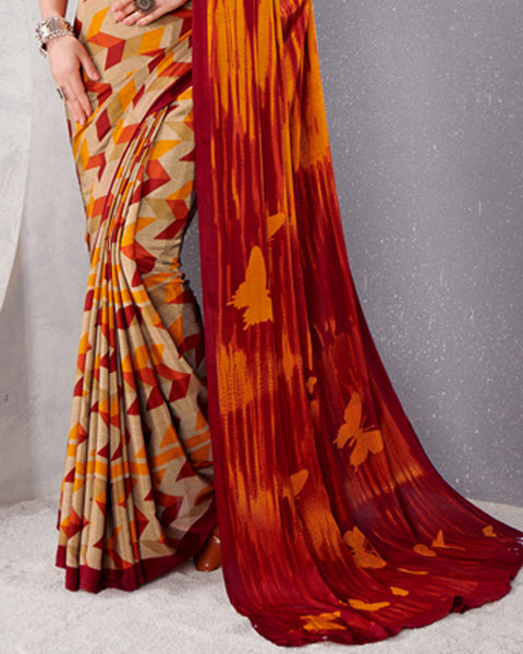 Spanish Cream And Shiraz Red Digital Print Premium Crepe Saree