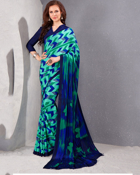 Light Teal Green And Persian Blue Digital Print Premium Crepe Saree
