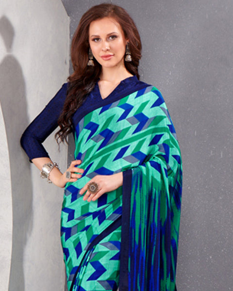 Light Teal Green And Persian Blue Digital Print Premium Crepe Saree