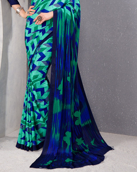 Light Teal Green And Persian Blue Digital Print Premium Crepe Saree