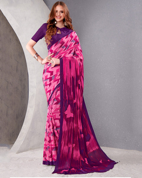 Rosy Pink And Fuchsia Digital Print Premium Crepe Saree