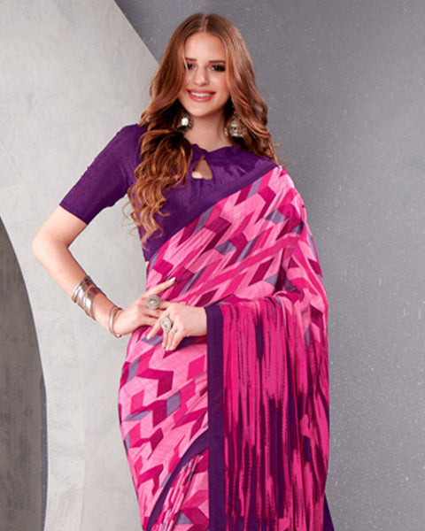Rosy Pink And Fuchsia Digital Print Premium Crepe Saree