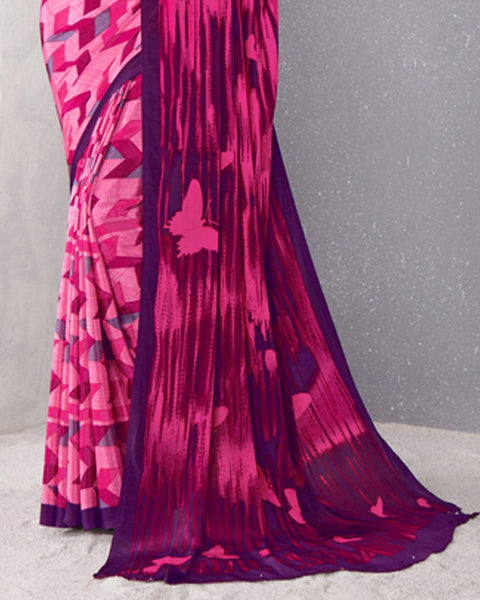 Rosy Pink And Fuchsia Digital Print Premium Crepe Saree