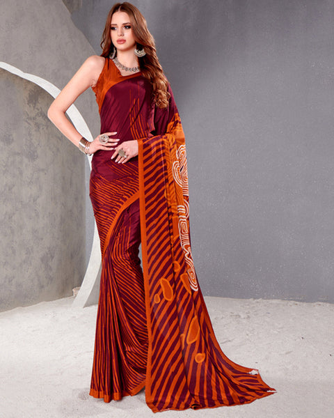 Wine Red And Rusty Orange Digital Print Premium Crepe Saree