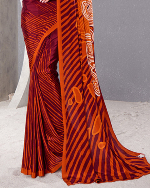 Wine Red And Rusty Orange Digital Print Premium Crepe Saree